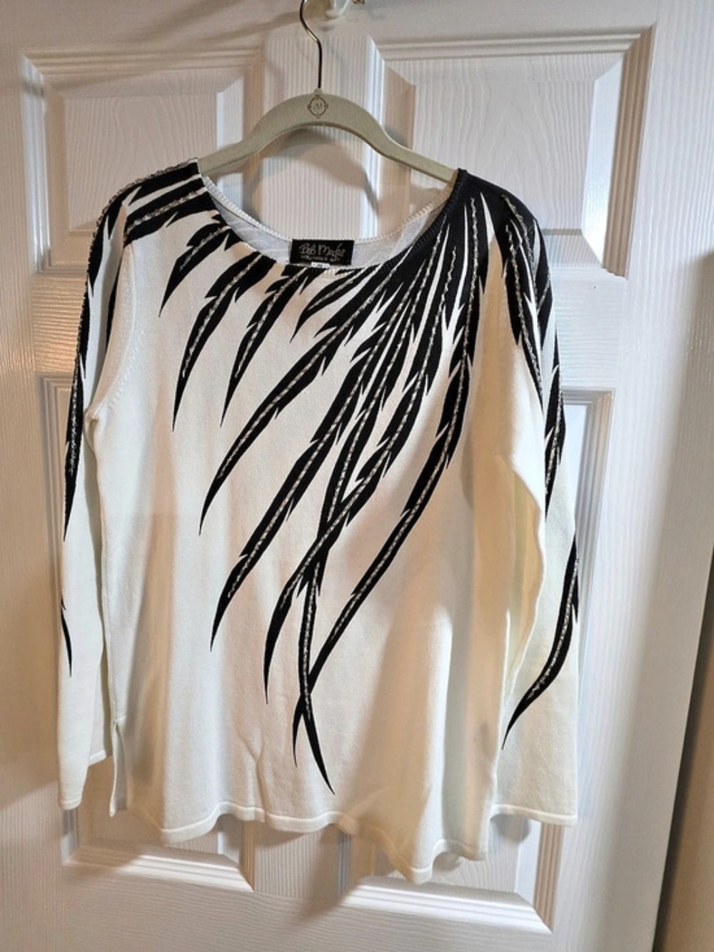 Bob Mackie Wearable Art Black and White Beaded Sweater Size XS